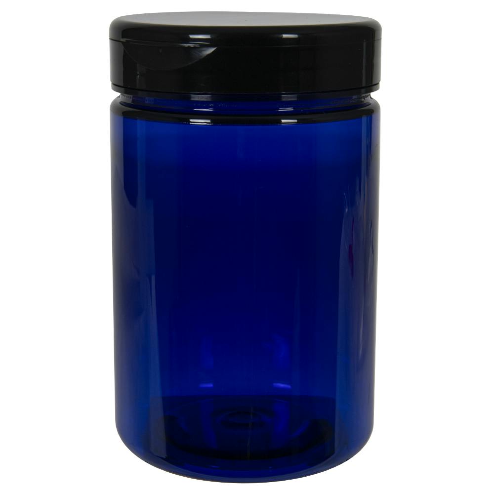 25 oz. Cobalt Blue PET Straight-Sided Round Jar with 89/400 Black Snap-Top Cap