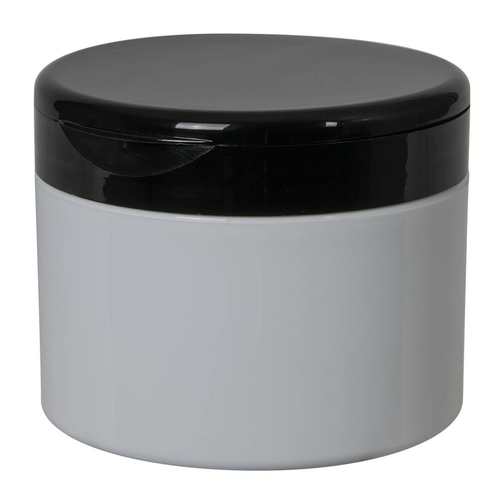 8 oz. White Polypropylene Straight-Sided Double-Walled Round Jar with 89/400 Black Snap-Top Cap