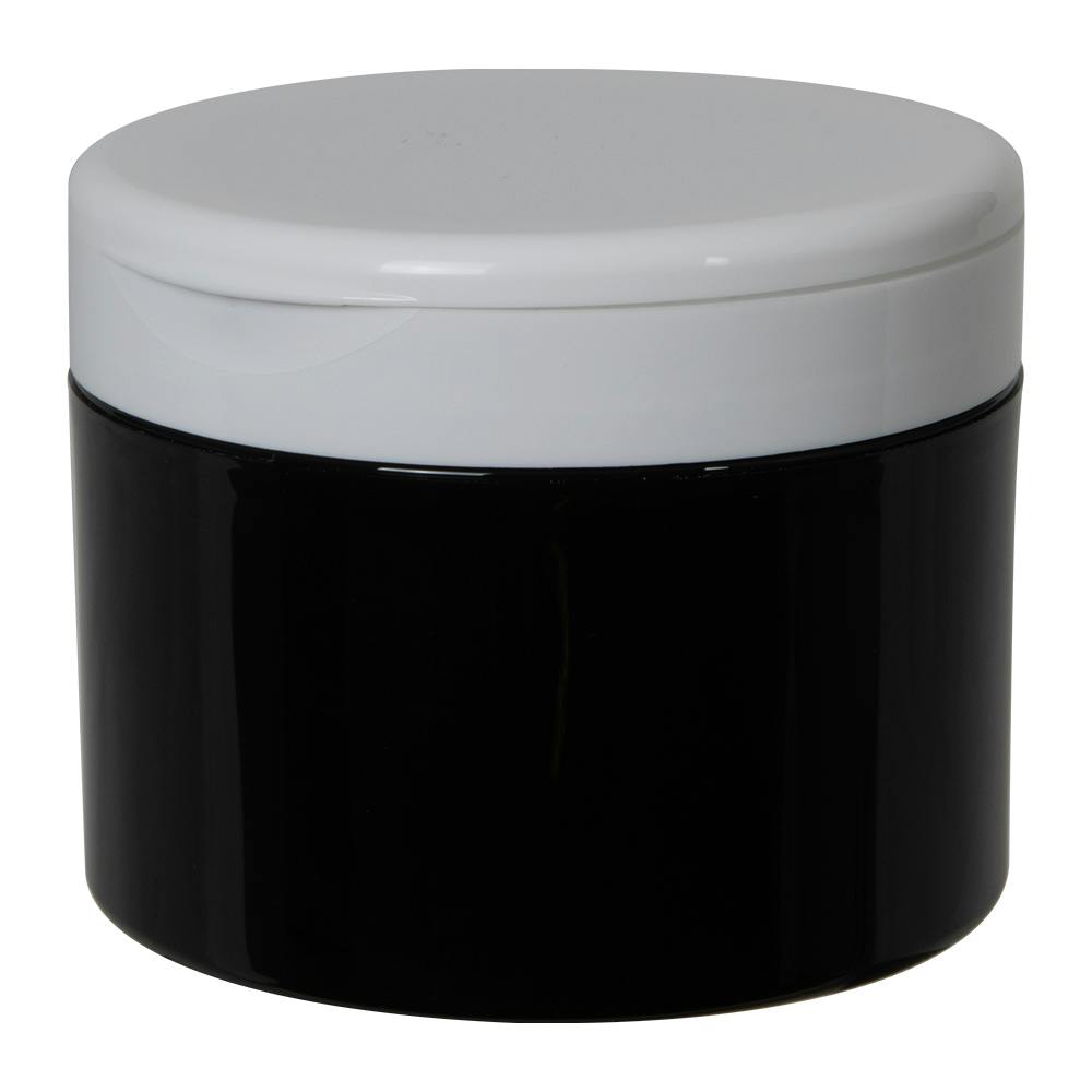 8 oz. Black Polypropylene Straight-Sided Double-Walled Round Jar with 89/400 White Snap-Top Cap