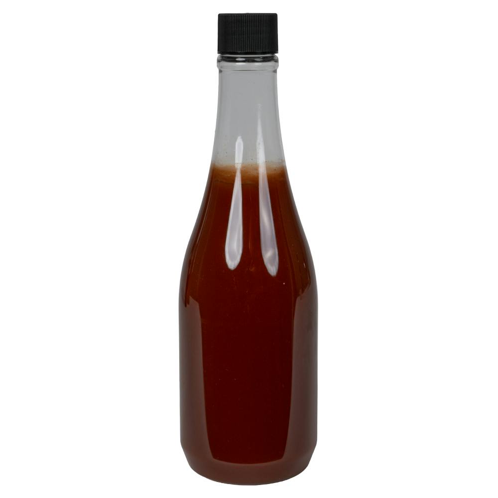 12 oz. Clear PET Round Keuka Bottle with 24/410 Black Ribbed Unlined Cap