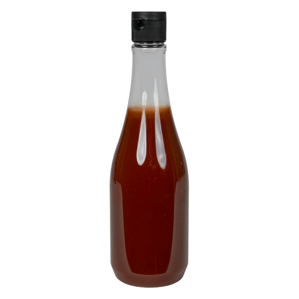 12 oz. Clear PET Round Keuka Bottle with 24/410 Black Ribbed Snap-Top Dispensing Cap