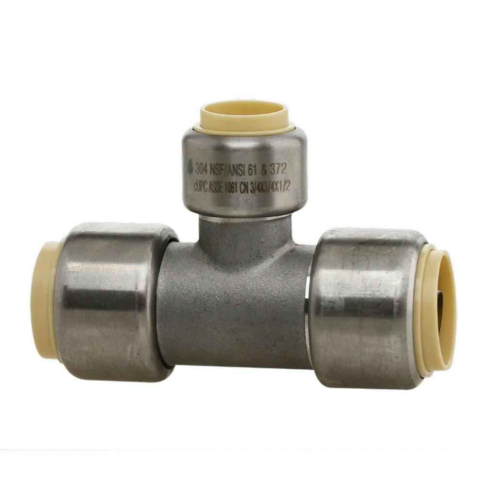 3/4" Push-Fit x 1/2" Push-Fit x 3/4" Push-Fit Stainless Steel Reducing Tee