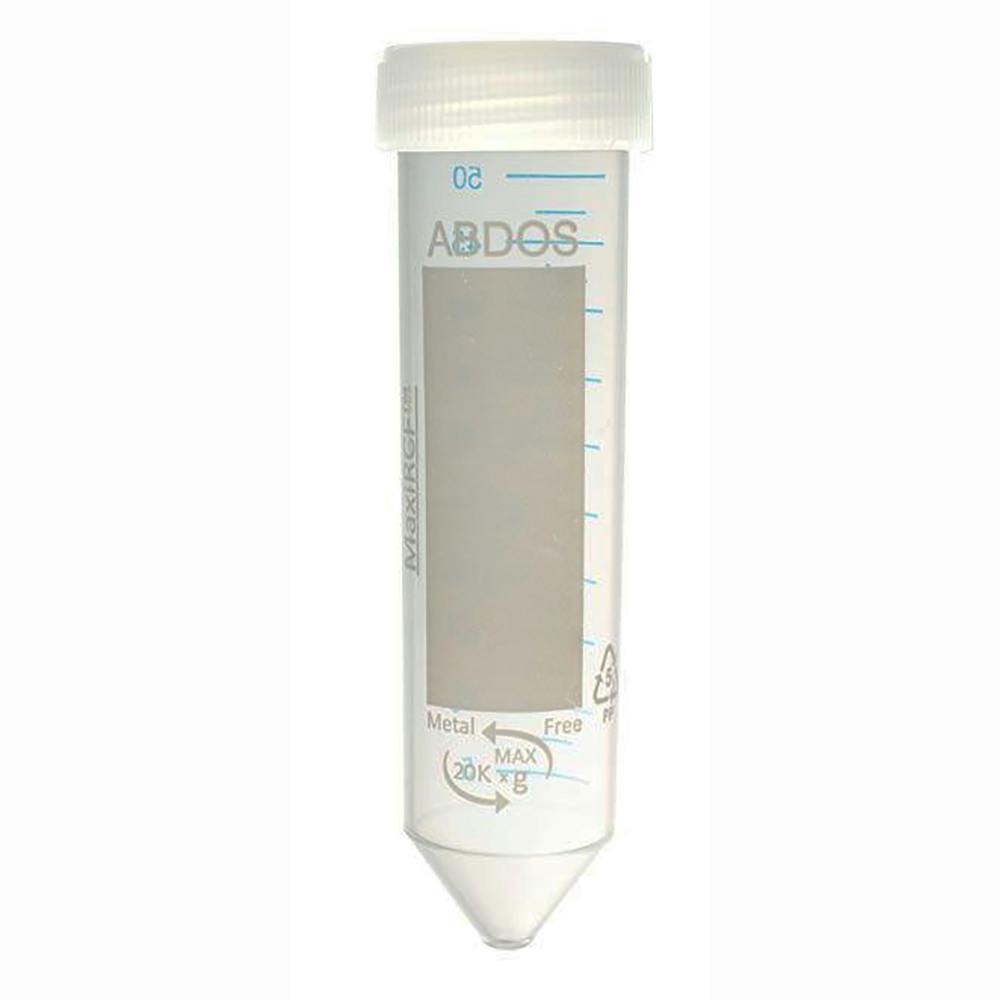 50mL Sterile Clear Polypropylene MaxiRCF™ Metal-Free Centrifuge Tube with Attached White Screw Cap - 25 per Bag; 20 Bags per Case