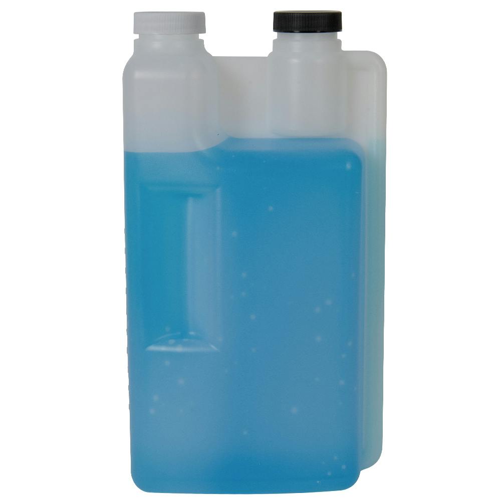 64 oz. Natural HDPE Twin Neck Dosing Bottle with 1 & 2 oz. Dispensing Chambers & (1 each) 38/400 Black & White Ribbed Caps with F217 Liner