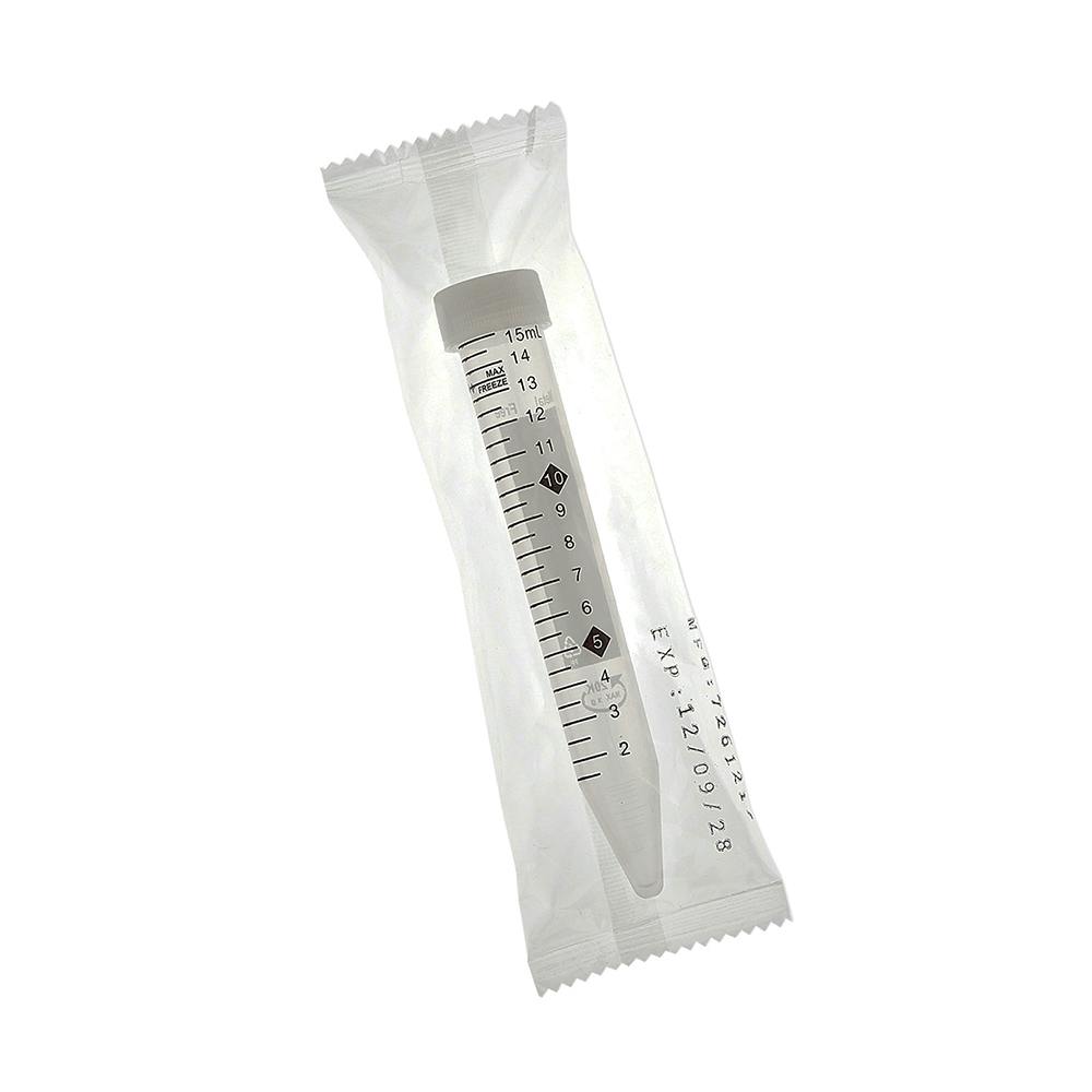 15mL Sterile Clear Polypropylene TotalPure™ Metal-Free Centrifuge Tube with Attached White Screw Cap - Individually Wrapped; Case of 250