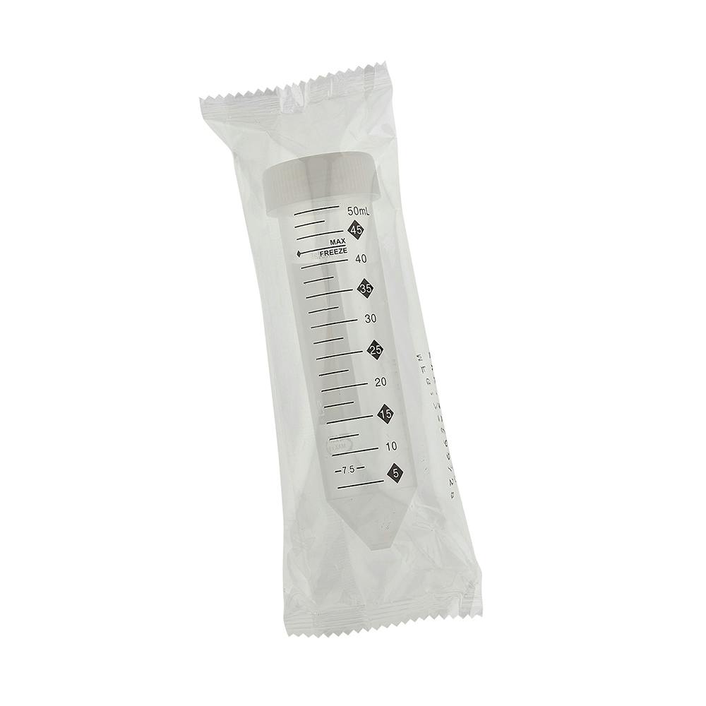 50mL Sterile Clear Polypropylene TotalPure™ Metal-Free Centrifuge Tube with Attached White Screw Cap - Individually Wrapped; Case of 250