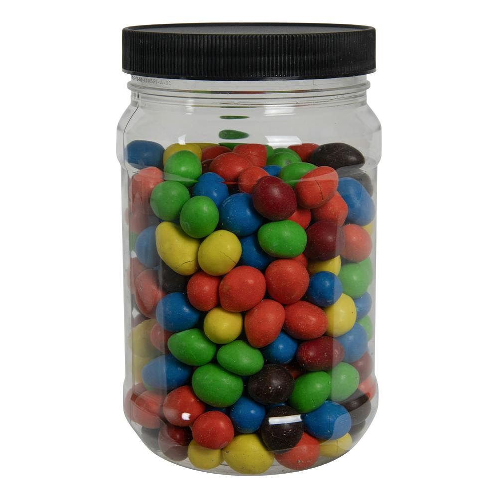 32 oz. Clear PET Round Jar with Label Panel & 89/400 Black Ribbed Cap with F217 Liner