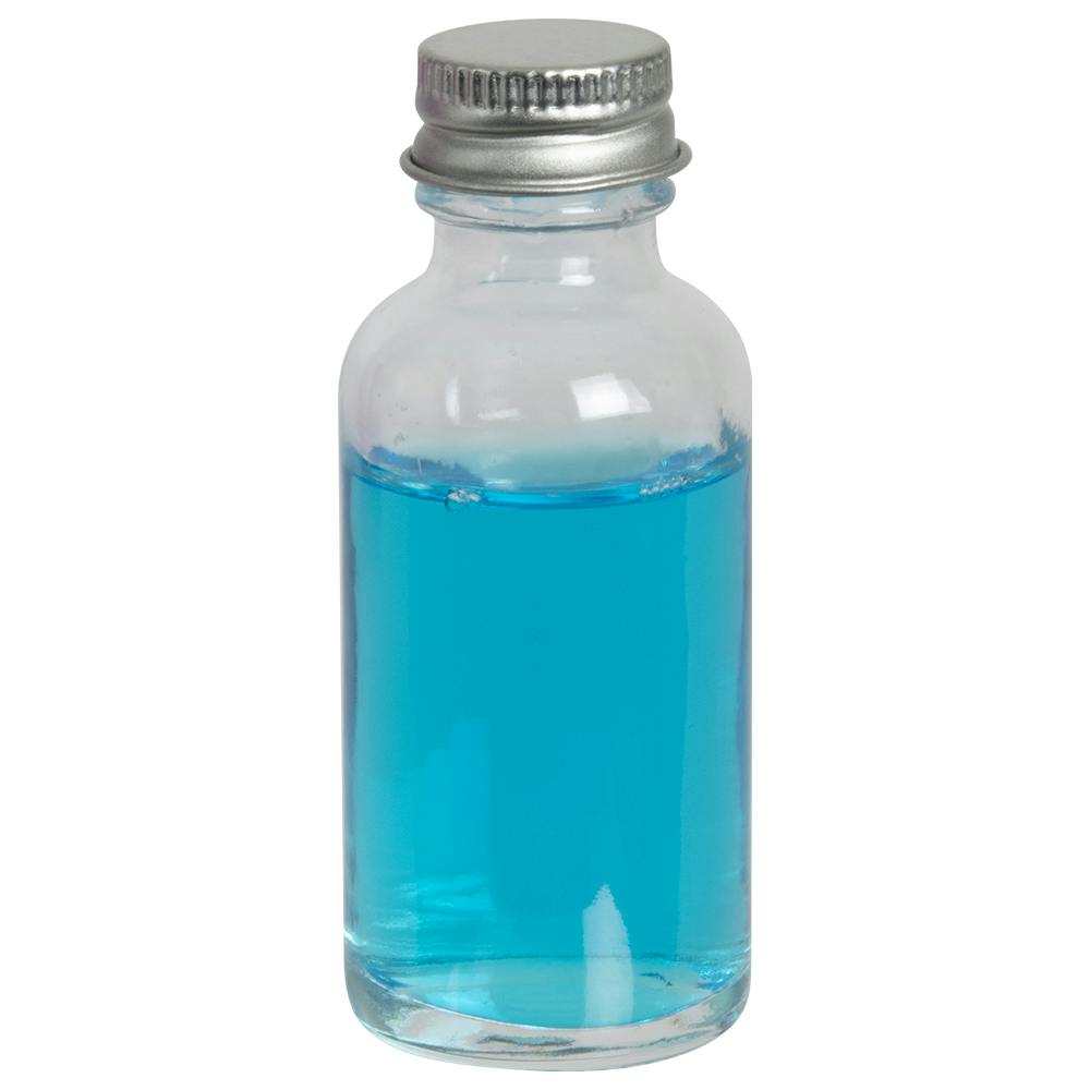 1 oz. Clear Glass Boston Round Bottle with 20/400 Brushed Silver Aluminum Cap with Foam Liner