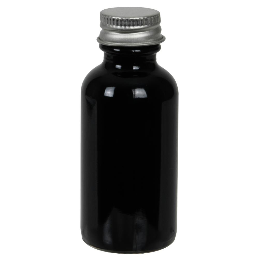 1 oz. Black Glass Boston Round Bottle with 20/400 Brushed Silver Aluminum Cap with Foam Liner