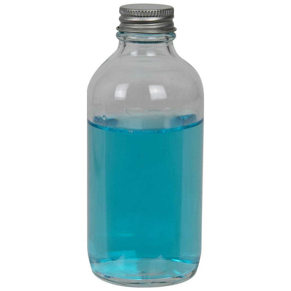 4 oz. Clear Glass Boston Round Bottle with 22/400 Brushed Silver Aluminum Cap with Foam Liner