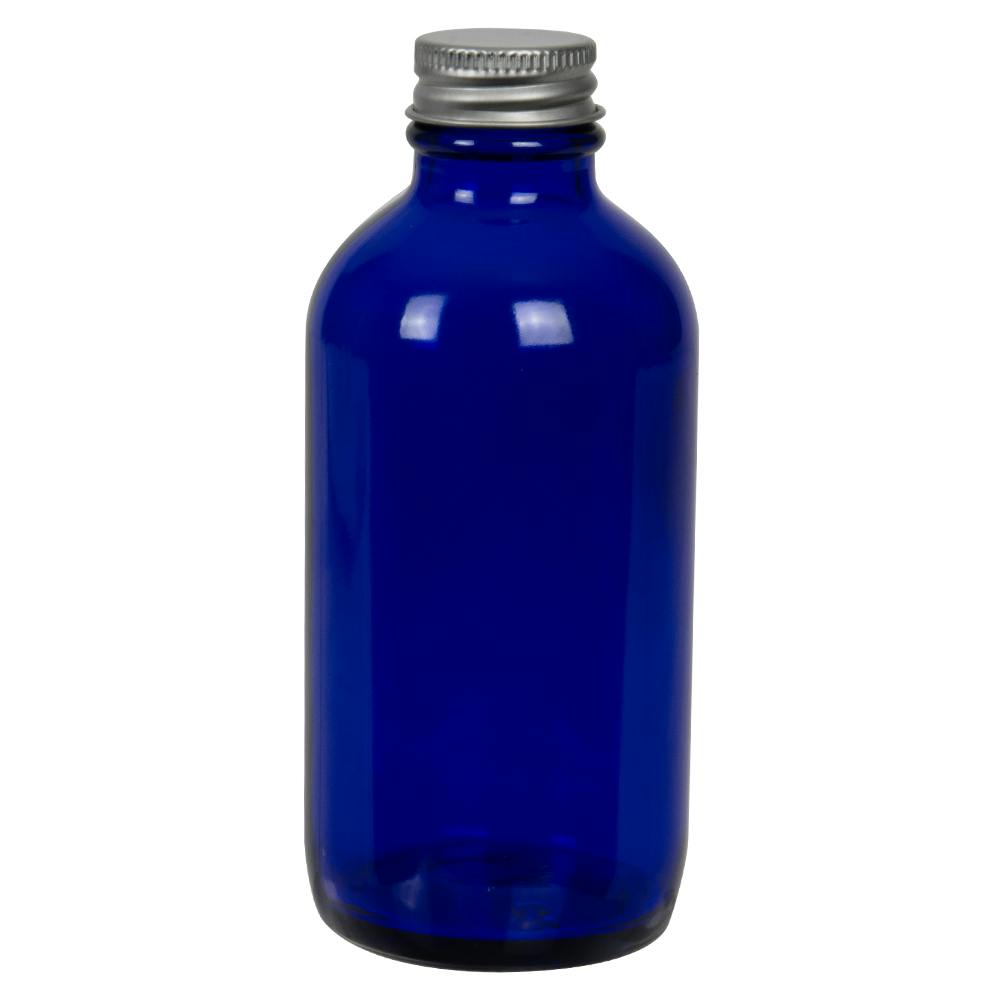 4 oz. Cobalt Blue Glass Boston Round Bottle with 22/400 Brushed Silver Aluminum Cap with Foam Liner