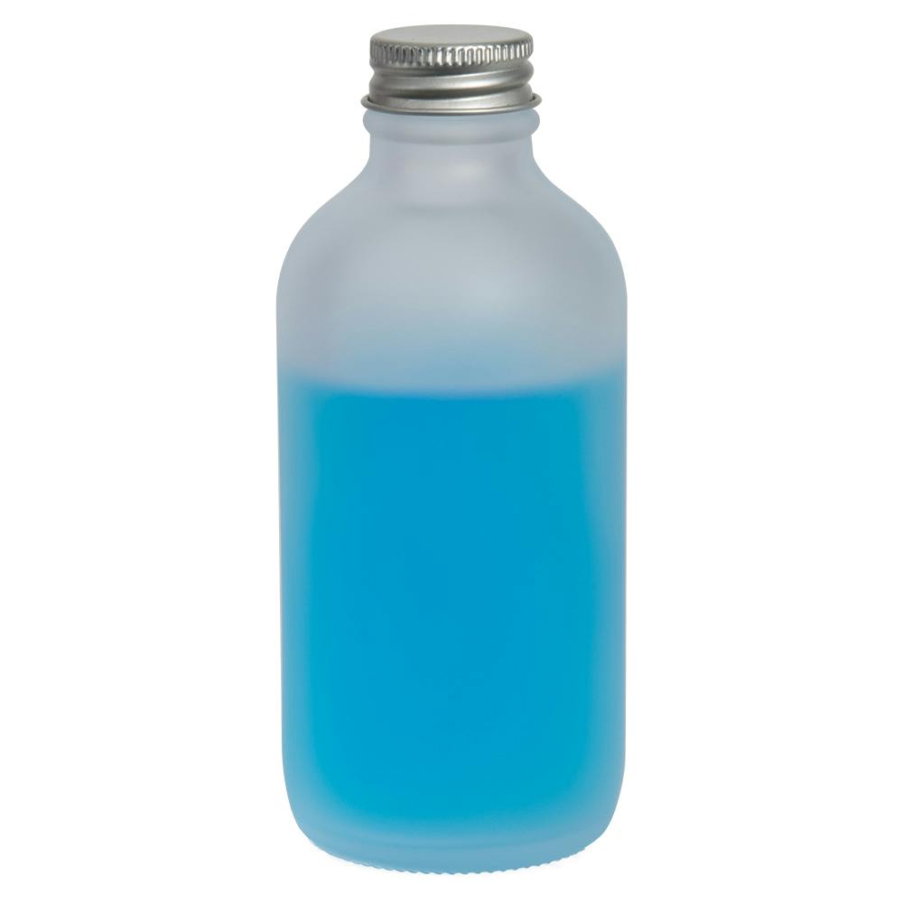 4 oz. Clear Frosted Glass Boston Round Bottle with 22/400 Brushed Silver Aluminum Cap with Foam Liner