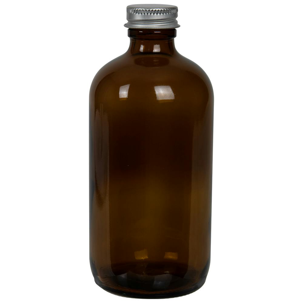 8 oz. Amber Glass Boston Round Bottle with 24/400 Brushed Silver Aluminum Cap with Foam Liner