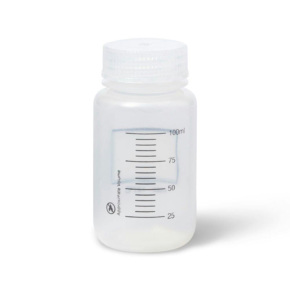 125mL UniStore™ Polypropylene Graduated Wide Mouth Bottles with Label Area & 38/410 Caps - Package of 12