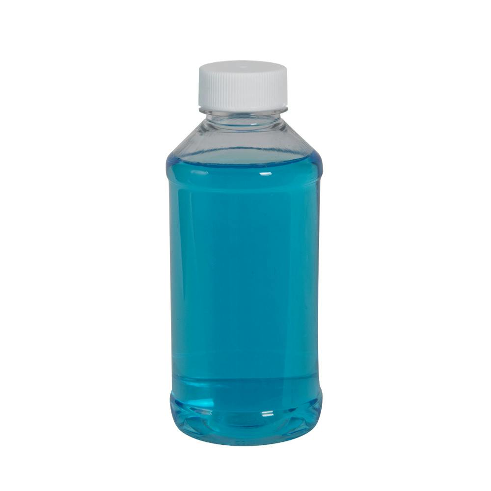 1 oz. Clear PET Modern Round Bottle with 20/410 White Ribbed Cap with F217 Liner