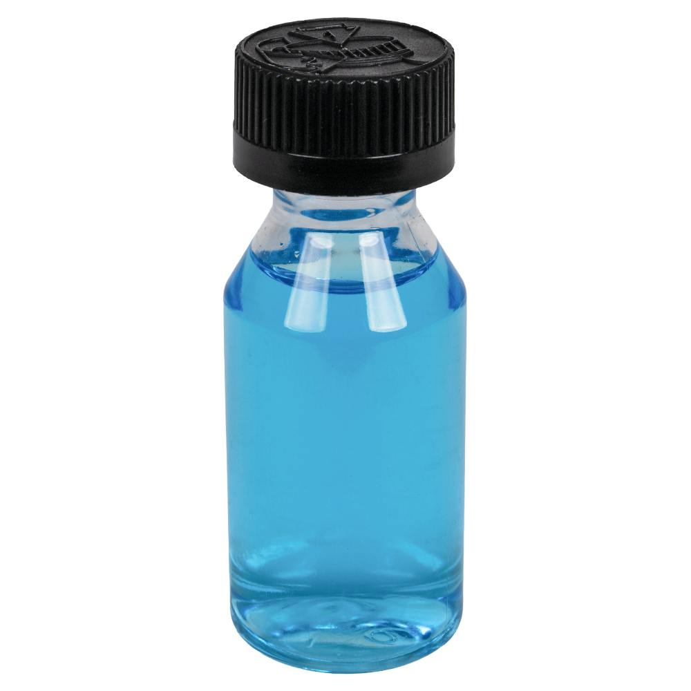1 oz. Clear PET Modern Round Bottle with 20/410 Black Ribbed Child-Resistant Cap (CRC) with F217 Liner
