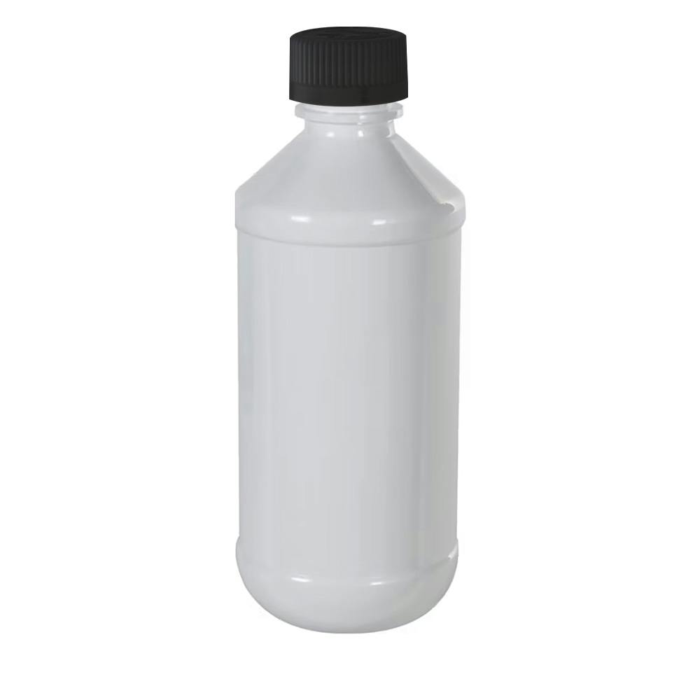 1 oz. White PET Modern Round Bottle with 20/410 Black Ribbed Child-Resistant Cap (CRC) with F217 Liner
