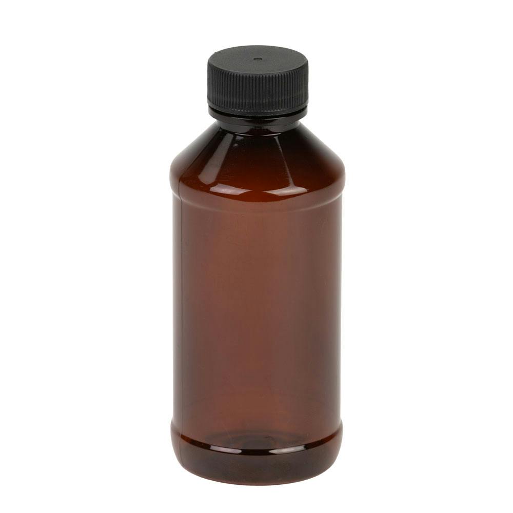 4 oz. Amber PET Modern Round Bottle with 24/400 Black Ribbed Cap with F217 Liner