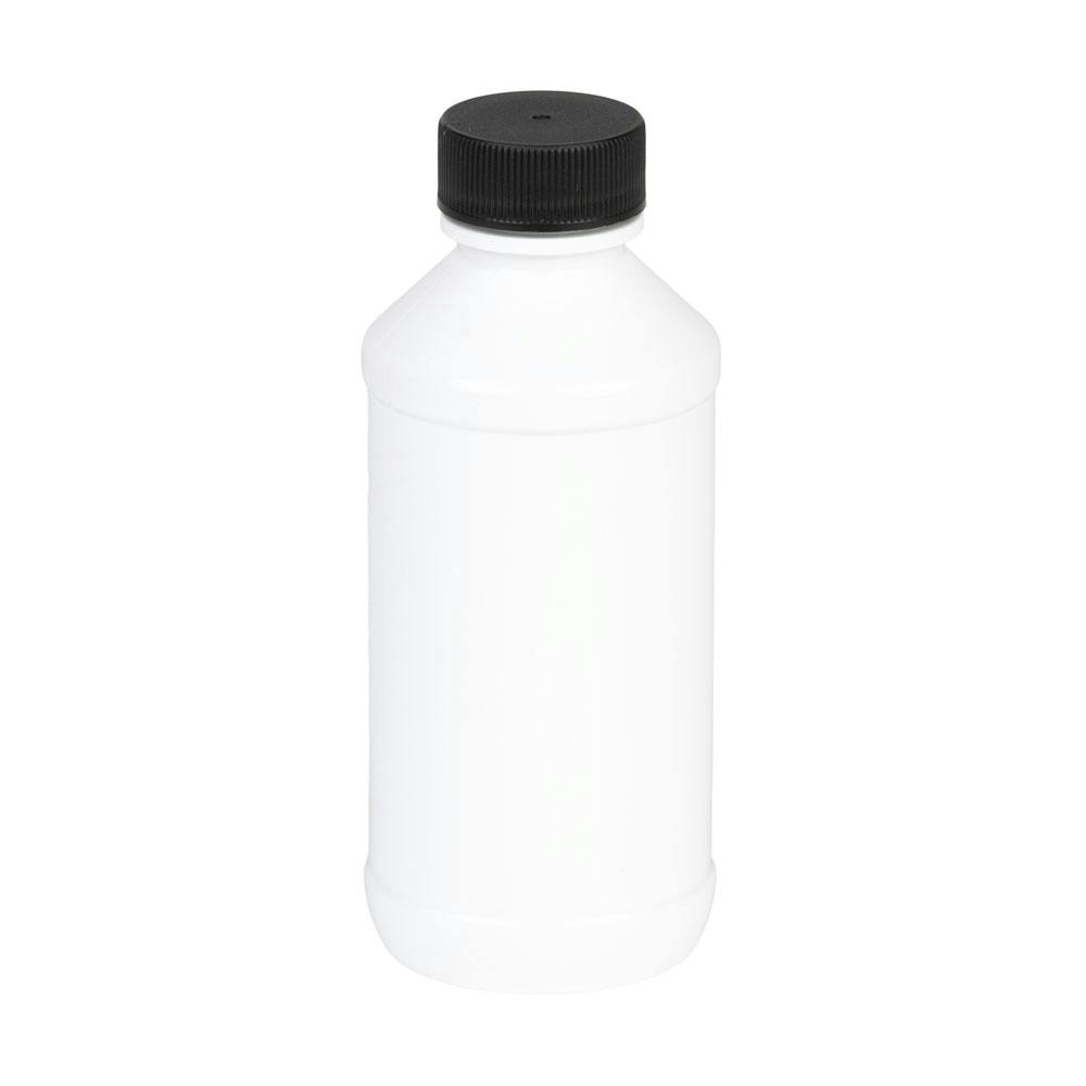 4 oz. White PET Modern Round Bottle with 24/400 Black Ribbed Cap with F217 Liner