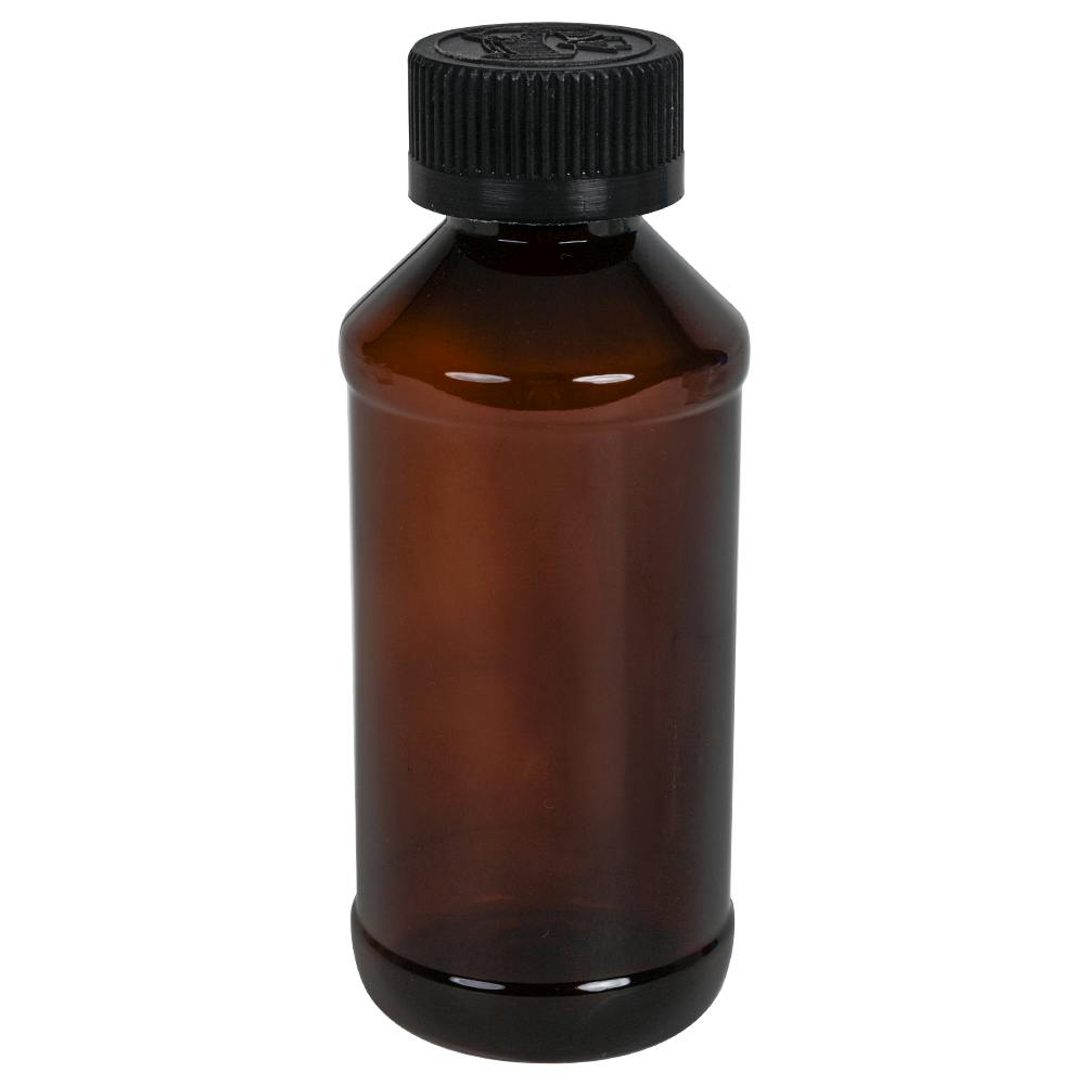 4 oz. Amber PET Modern Round Bottle with 24/400 Black Ribbed Child-Resistant Cap (CRC) with F217 Liner