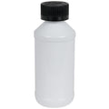 4 oz. White PET Modern Round Bottle with 24/400 Black Ribbed Child-Resistant Cap (CRC) with F217 Liner
