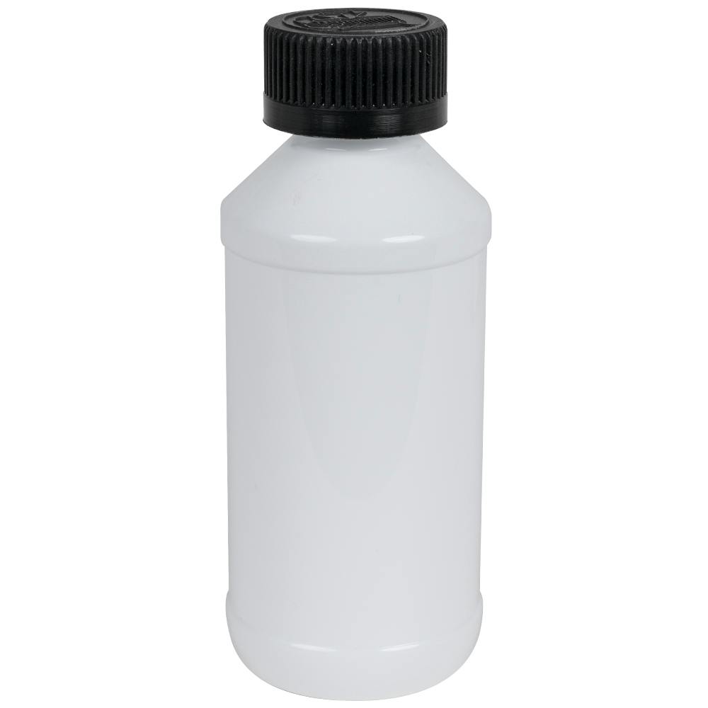 4 oz. White PET Modern Round Bottle with 24/400 Black Ribbed Child-Resistant Cap (CRC) with F217 Liner