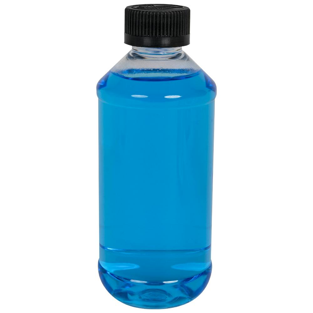 8 oz. Clear PET Modern Round Bottle with 24/400 Black Ribbed Child-Resistant Cap (CRC) with F217 Liner