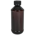 8 oz. Amber PET Modern Round Bottle with 24/400 Black Ribbed Child-Resistant Cap (CRC) with F217 Liner