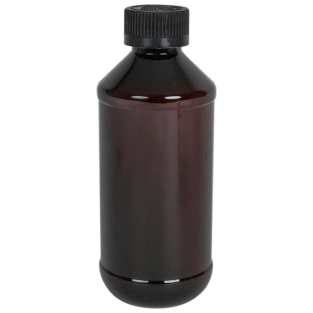 8 oz. Amber PET Modern Round Bottle with 24/400 Black Ribbed Child-Resistant Cap (CRC) with F217 Liner