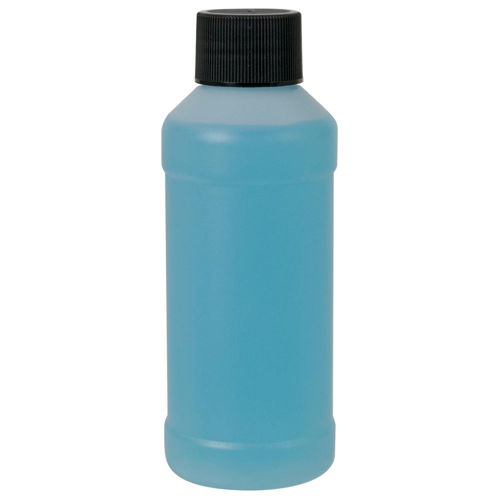 4 oz. Natural HDPE Modern Round Bottle with 24/410 Black Ribbed Cap with F217 Liner