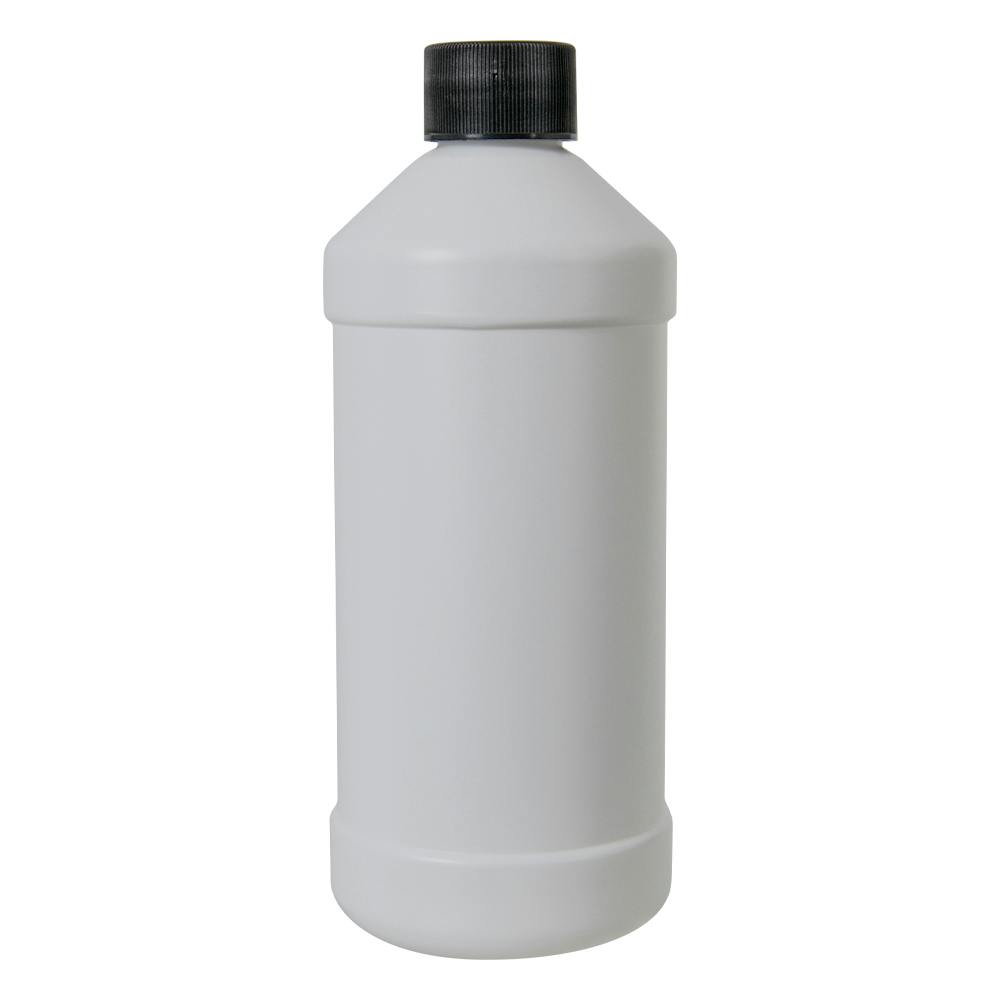 16 oz. White HDPE Modern Round Bottle with 28/410 Black Ribbed Cap with F217 Liner