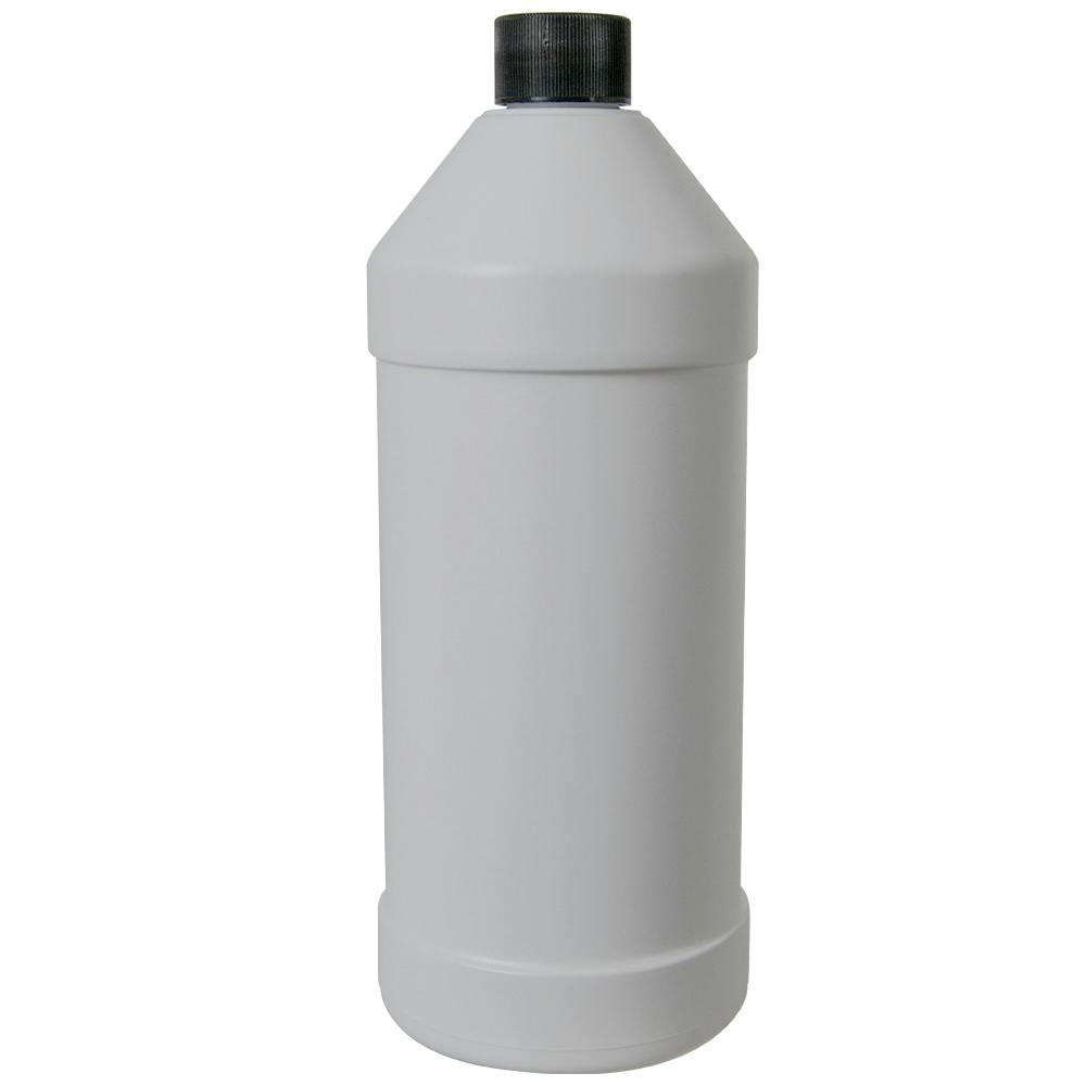 32 oz. White HDPE Modern Round Bottle with 28/410 Black Ribbed Cap with F217 Liner