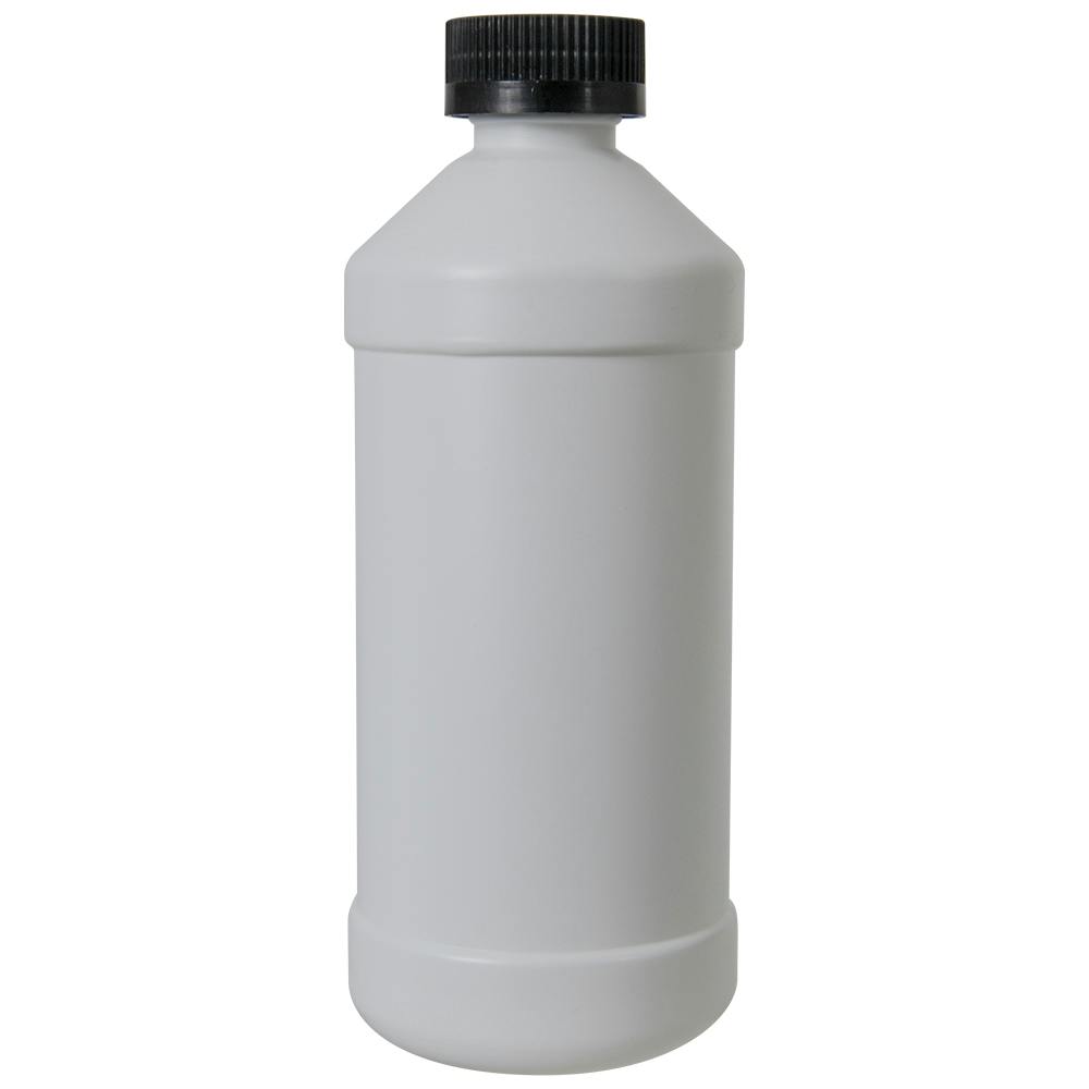 16 oz. White HDPE Modern Round Bottle with 28/400 Black Ribbed Child-Resistant Cap (CRC) with F217 Liner