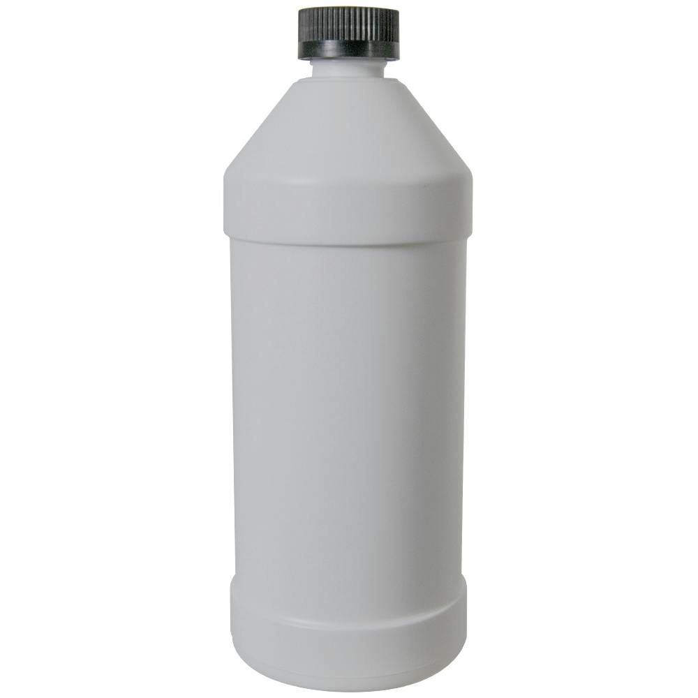 32 oz. White HDPE Modern Round Bottle with 28/400 Black Ribbed Child-Resistant Cap (CRC) with F217 Liner