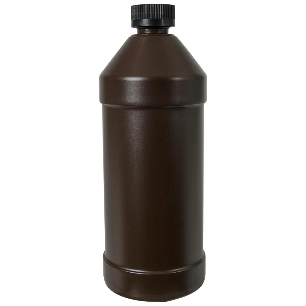 32 oz. Brown HDPE Modern Round Bottle with 28/400 Black Ribbed Child-Resistant Cap (CRC) with F217 Liner
