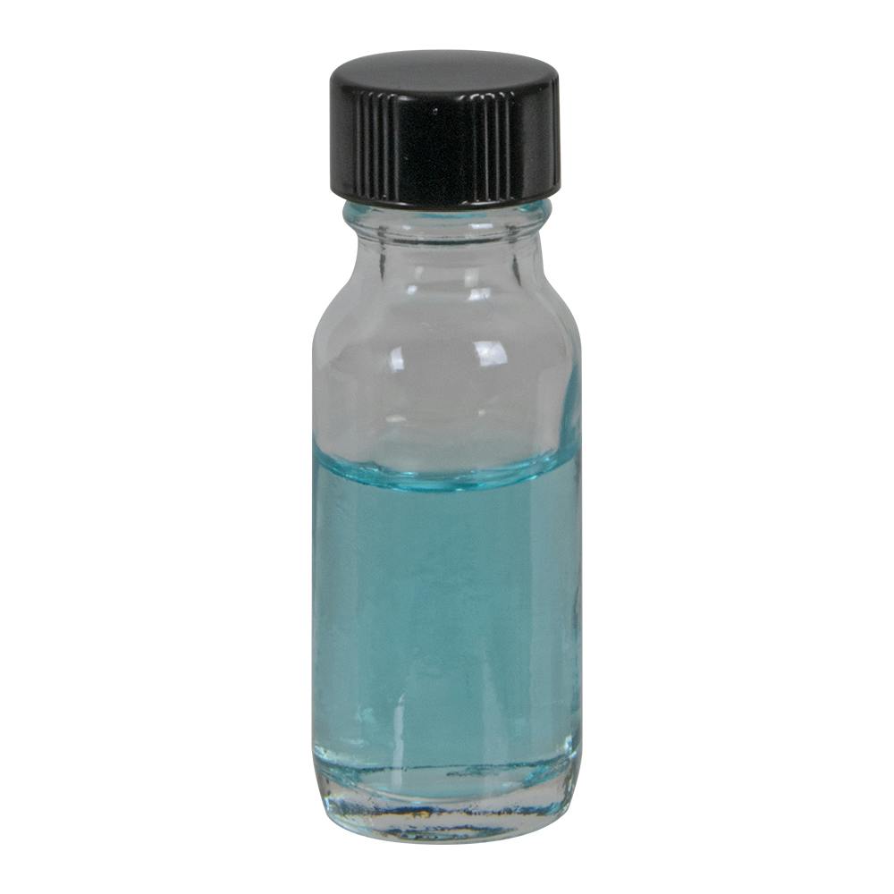 1/2 oz. Clear Glass Boston Round Bottle with 18/400 Black Phenolic Cap with Pulp & Vinyl Liner