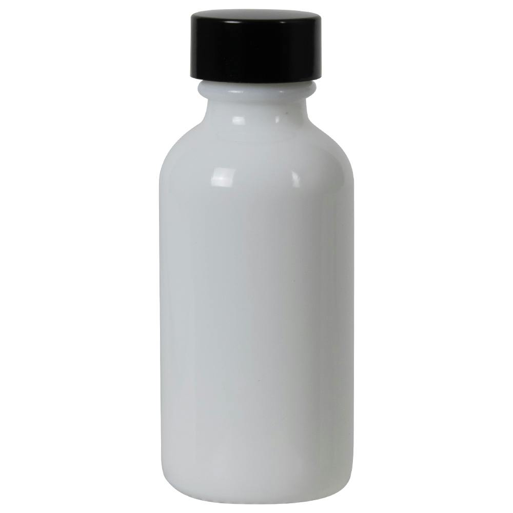 1 oz. White Glass Boston Round Bottle with 20/400 Black Phenolic Cap with Pulp & Vinyl Liner