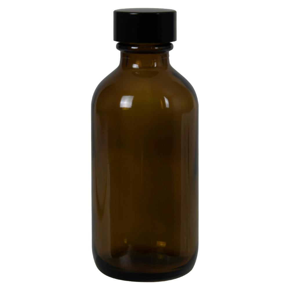 2 oz. Amber Glass Boston Round Bottle with 20/400 Black Phenolic Cap with Pulp & Vinyl Liner