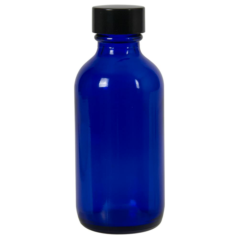 2 oz. Cobalt Blue Glass Boston Round Bottle with 20/400 Black Phenolic Cap with Pulp & Vinyl Liner