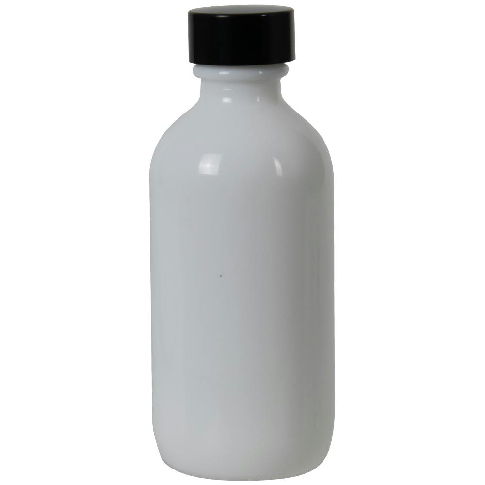 4 oz. White Glass Boston Round Bottle with 22/400 Black Phenolic Cap with Pulp & Vinyl Liner