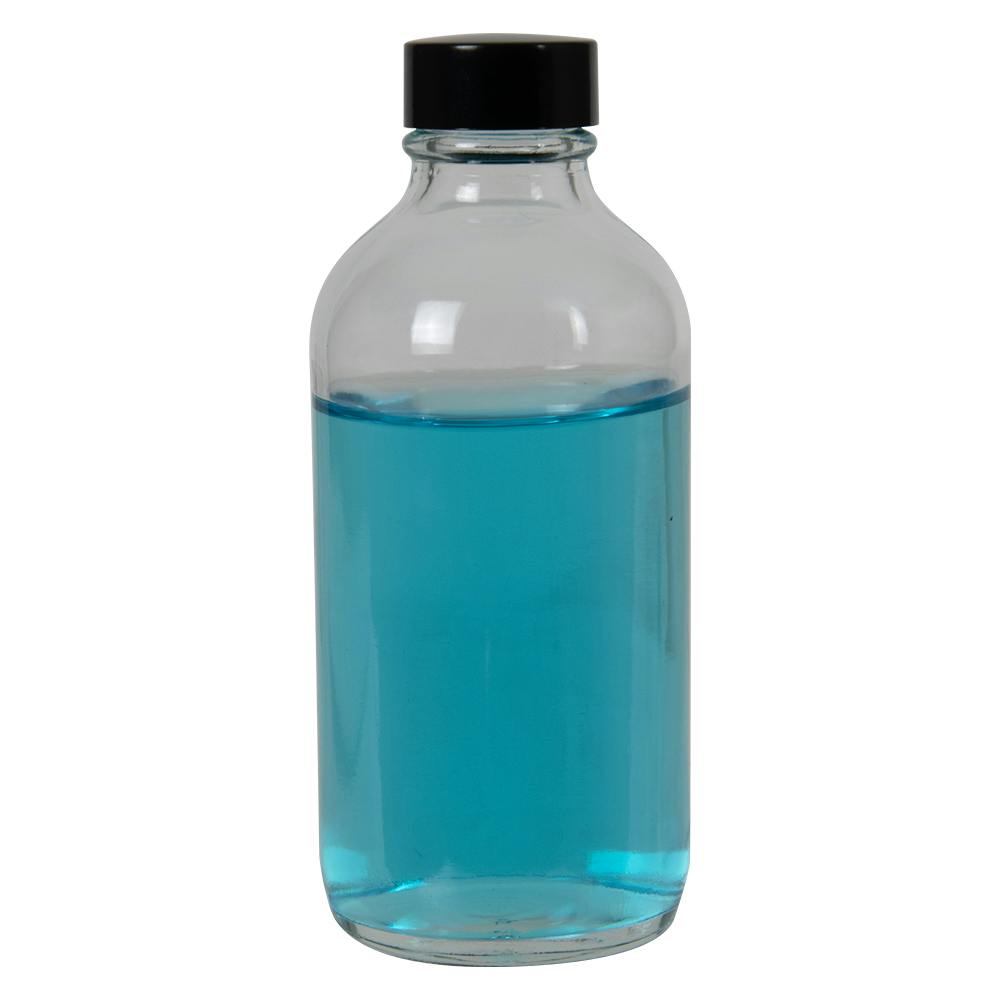 8 oz. Clear Glass Boston Round Bottle with 24/400 Black Phenolic Cap with Pulp & Vinyl Liner