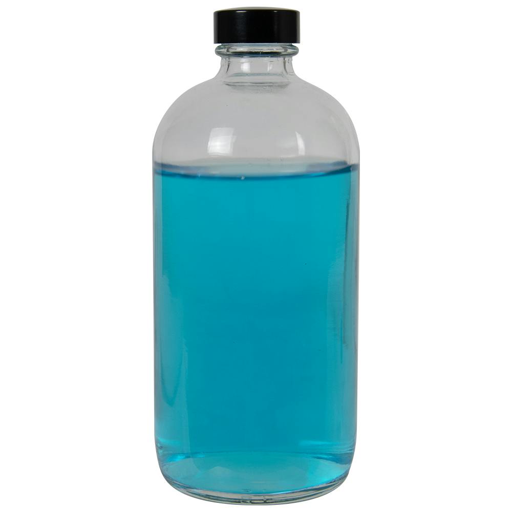 32 oz. Clear Glass Boston Round Bottle with 33/400 Black Phenolic Cap with Pulp & Vinyl Liner