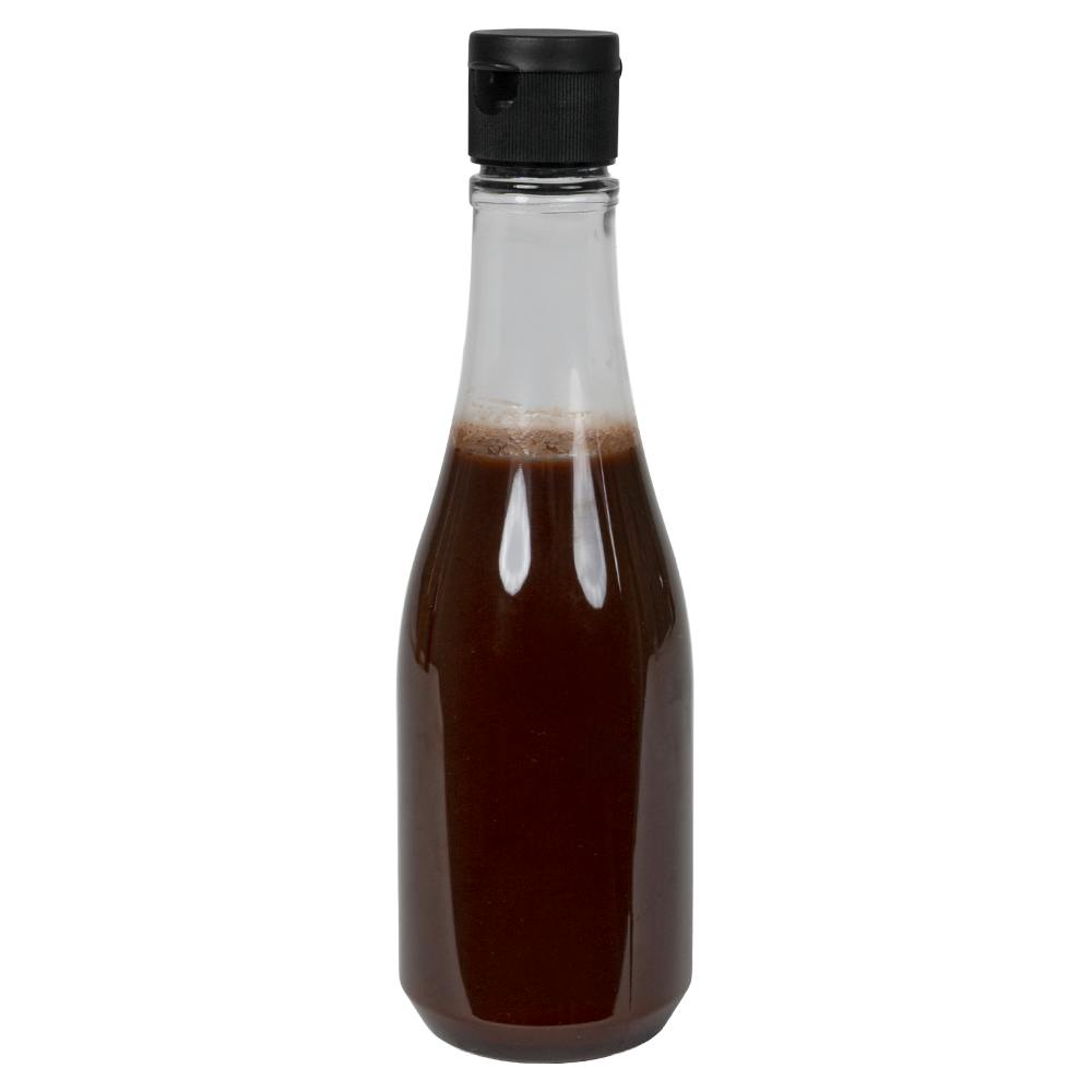 8 oz. Clear PET Round Keuka Bottle with 24/410 Black Ribbed Snap-Top Dispensing Cap