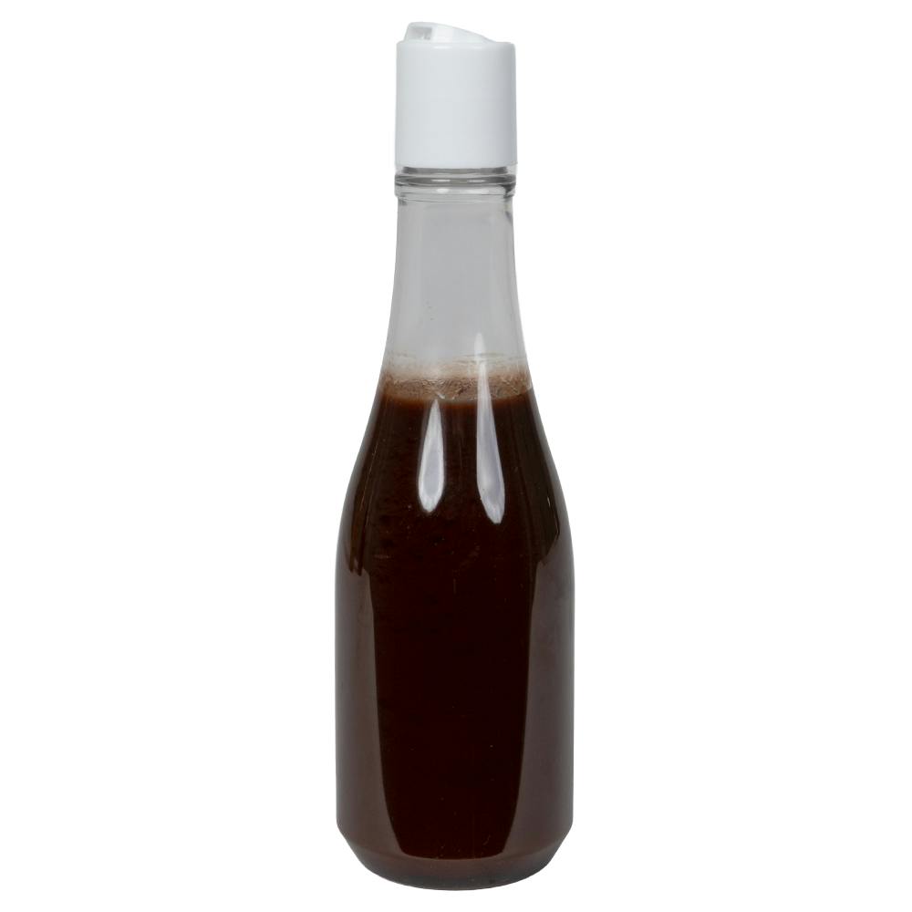 8 oz. Clear PET Round Keuka Bottle with 24/410 White Polypropylene Smooth Disc-Top Dispensing Cap