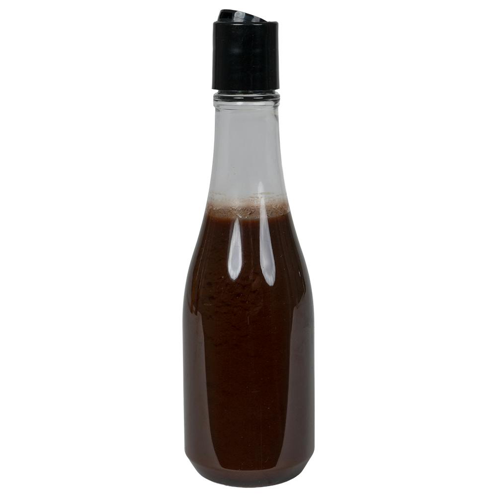8 oz. Clear PET Round Keuka Bottle with 24/410 Black Polypropylene Smooth Disc-Top Dispensing Cap