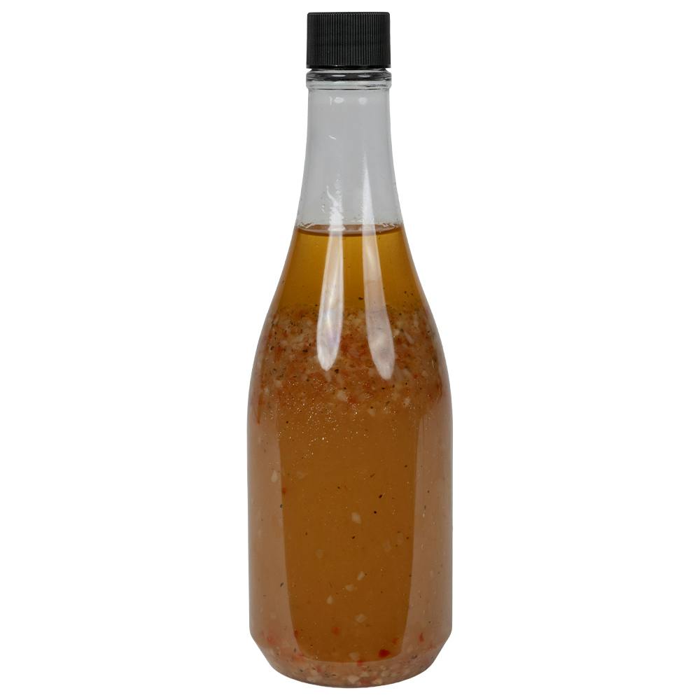 14 oz. Clear PET Round Keuka Bottle with 24/410 Black Ribbed Cap with F217 Liner