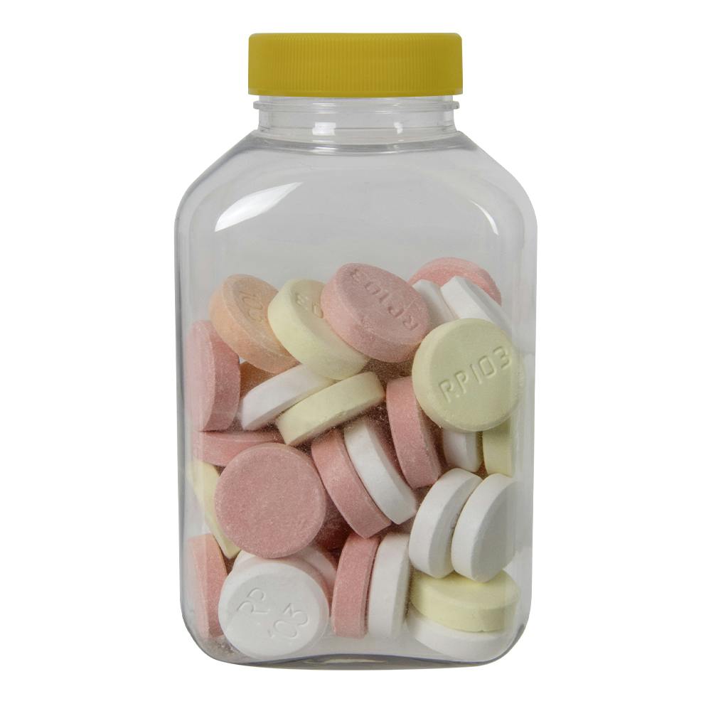 250cc (8.45 oz.) Clear PET Oblong Pharma Bottle with 38/400 Yellow Ribbed Cap with F217 Liner