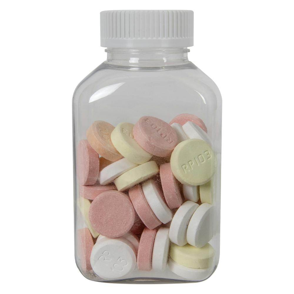 250cc (8.45 oz.) Clear PET Oblong Pharma Bottle with 38/400 White Ribbed Polypropylene Child-Resistant Cap (CRC) with F217 Liner