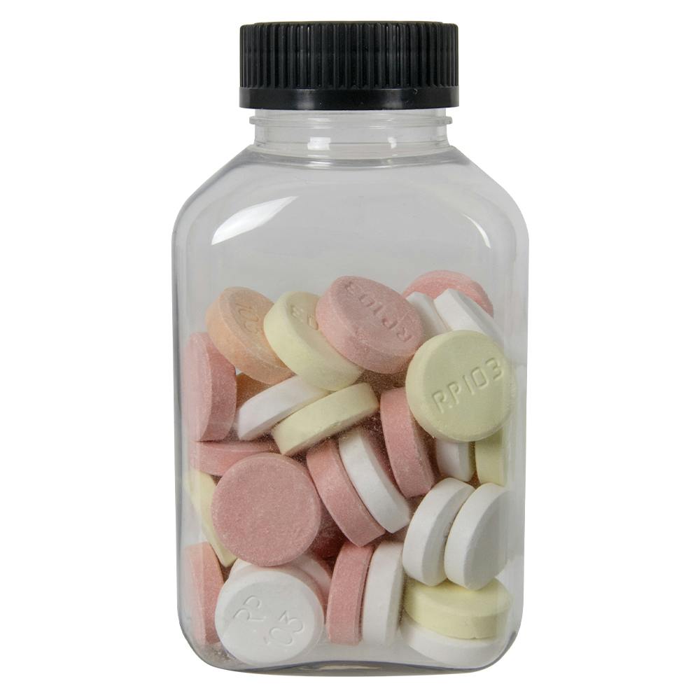 250cc (8.45 oz.) Clear PET Oblong Pharma Bottle with 38/400 Black Ribbed Child-Resistant Cap (CRC) with F217 Liner