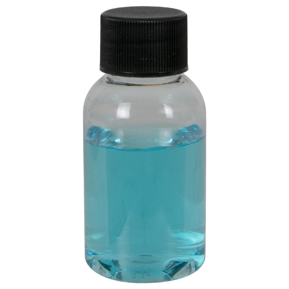 1 oz. Clear PET Squat Boston Round Bottle with 20/410 Black Ribbed Cap with F217 Liner
